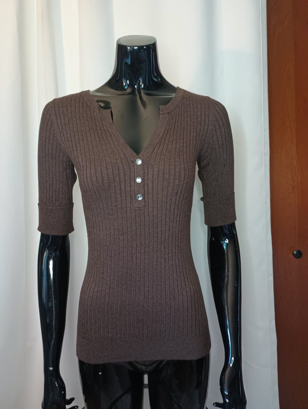 INC Women's Y2K Fitted Ribbed Henley Sweater M Brown Forest Fairy Elena Bella